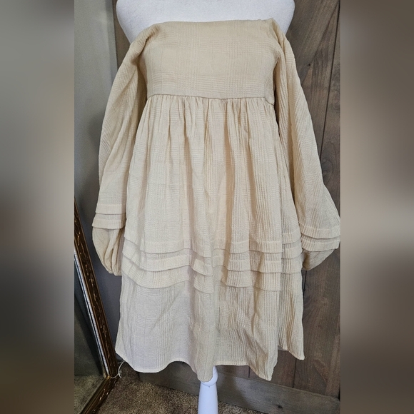 BY TOGETHER Boho Woven Babydoll mini dress in cream. Size Small - Picture 9 of 15
